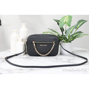 Michael Kors Jet Set Large East West Crossbody Black Gold Saffiano Zip Chain
